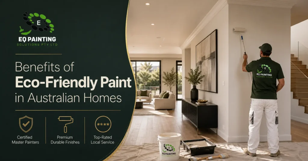 Painter applying eco-friendly paint in an Australian home with a low-VOC interior finish