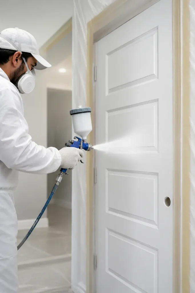 Professional painter spray painting an interior door with a high-quality spray gun to achieve a smooth, brush-free finish in Melbourne.