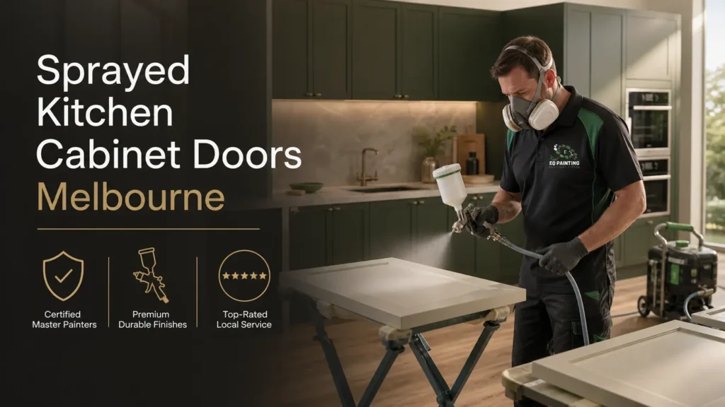 Spray painting kitchen cabinets in a Melbourne home with a smooth satin finish