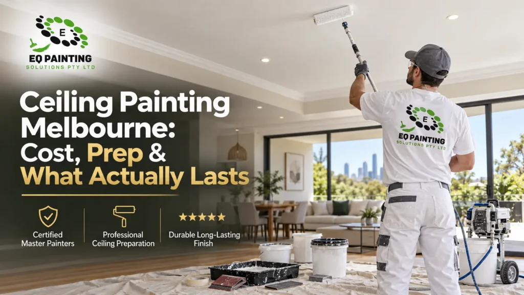 Painter preparing a high ceiling for ceiling painting in a Melbourne home