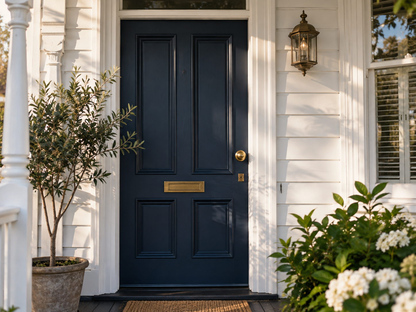 navy blue front door on weatherboard cottage Melbourne