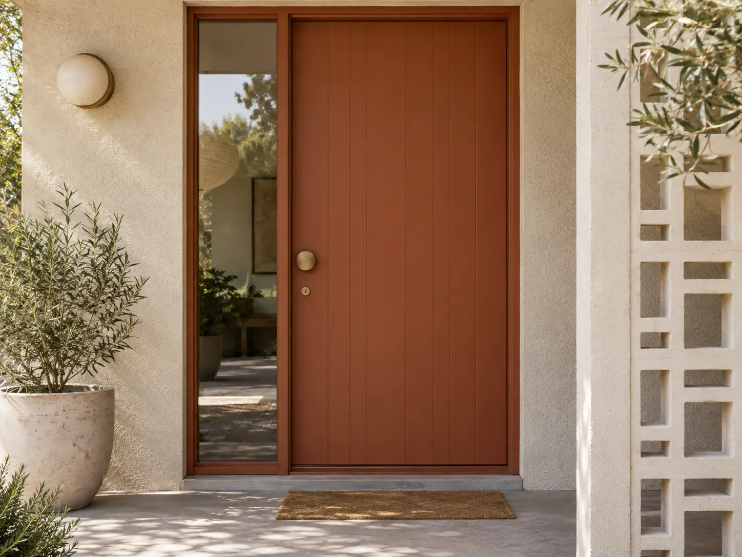 terracotta clay front door on rendered Melbourne home