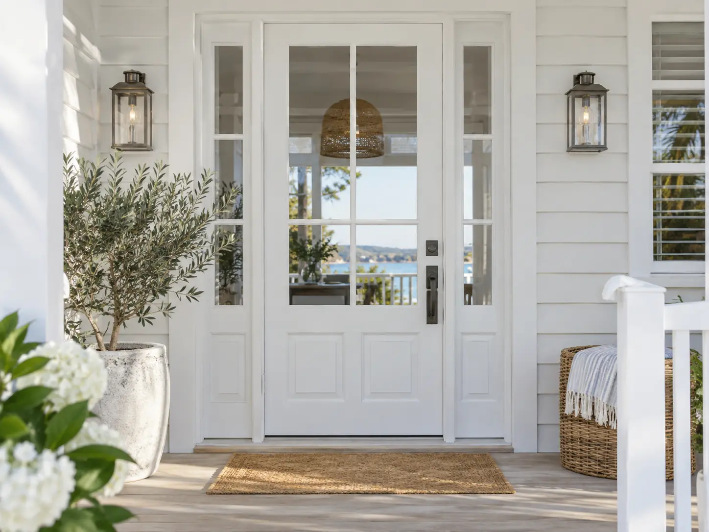 white front door on Hamptons style coastal home Melbourne