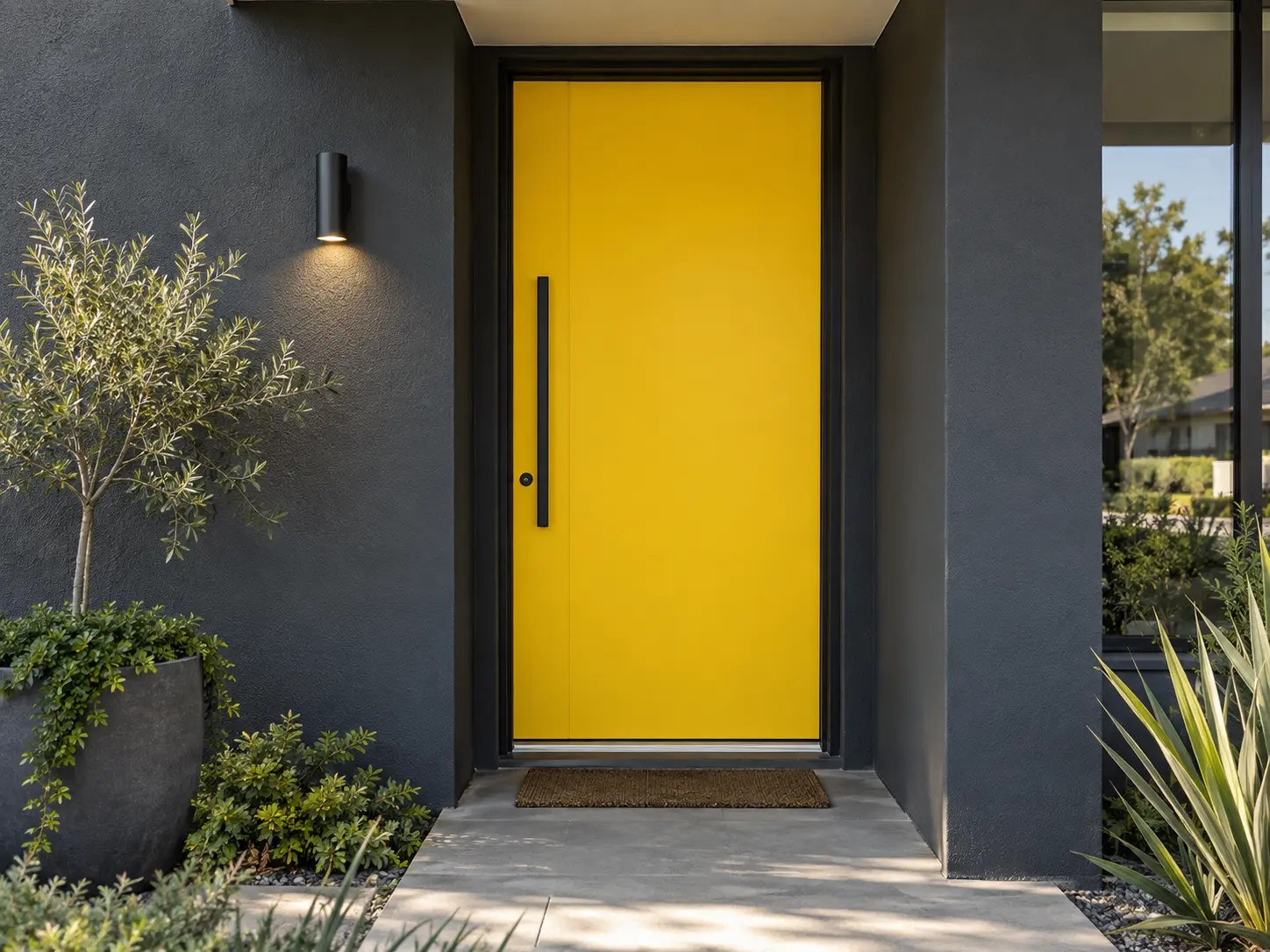 bold yellow front door on charcoal rendered home Melbourne